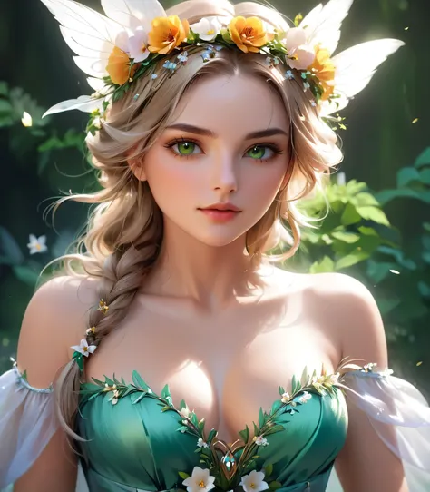 A woman in a green dress with a flower crown on her head, beautiful Fantasy Portrait, Digital fantasy art ), beautiful fantasy art portraits, Fantasy art style, Beautiful digital art, Fantasy Portrait, In the style of Urop, deviantart artstation cgscosiety...