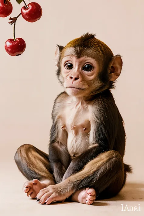 Kawaii style animal illustration of a cute monkey sitting next to a beautiful cherry 