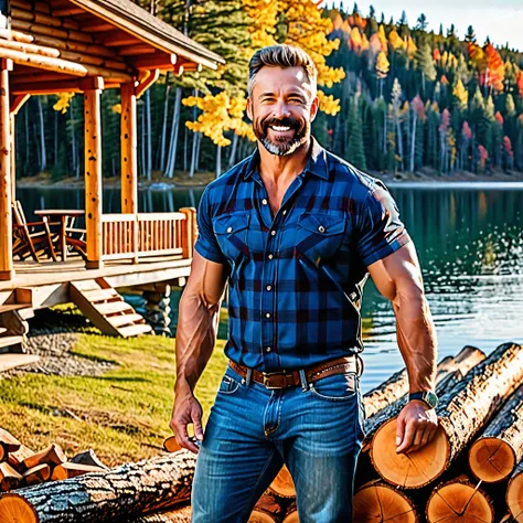 A handsome rugged man with big muscles, short random colored hair, well-manicured beard and mustache and big blue eyes. Wearing blue jeans and a flannel shirt. Chopping wood in front of a luxury log cabin next to a magnificent lake with a boat dock. It is ...