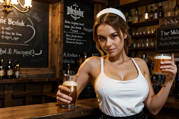 german pub with bar maid standing behind the bar and holding a beer and wearing very low cut apron, bar maid is behind the bar