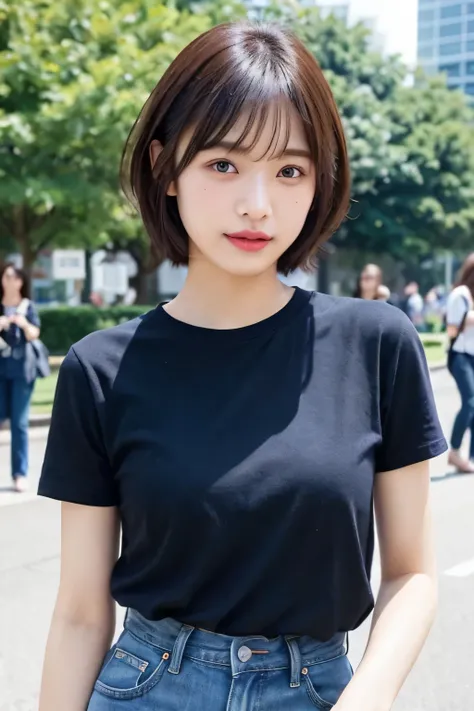 cowboy shot:1.4、hand on hip、Black T-shirt、jeans、Park in the background、Ultra-high resolution、(photoGenuineistic:1.4)、30-year-old woman、Japanese,(face)、Genuine、Photographed in natural light、short hair