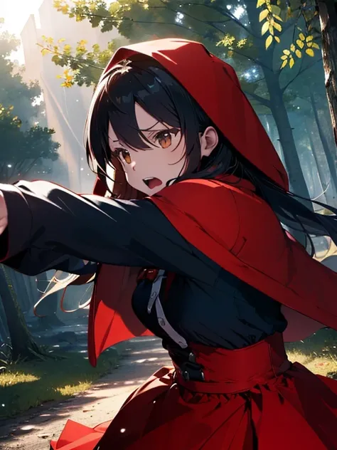 (1/2 body shot),  (perfect lighting), (masterpiece:1.2), (best quality:1.2), (best aesthetic:1.1), (beautiful art:1.2), (ultra-detailed:1.2), were, cinematic establishing shot of little (red riding hood holding a katana), ((battle pose)), grim expression, ...