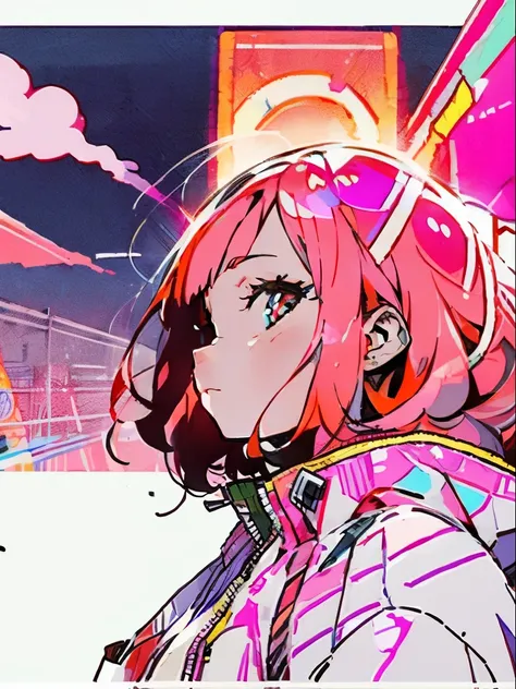 1girl in, Red hair, Pink eyes, ​masterpiece, top-quality, 1girl in, City Pop, natta, Look at another one, The upper part of the body, vector illustrations, jaket, lightsmile, bluntbangs, length hair, Lofi Art, brioche eater, right side face