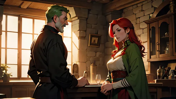 
A woman with red hair and green hair talking to her father and an older man in the room of an ancient medieval castle