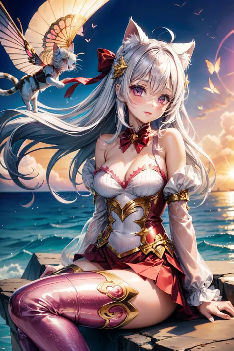 Silver hair, pink eyes, woman, sun and cloud background, red and gold clothes, hair bows, happy face, mermaid outfit, sexy, cat ears, floating butterflies, thigh up, thigh high tights