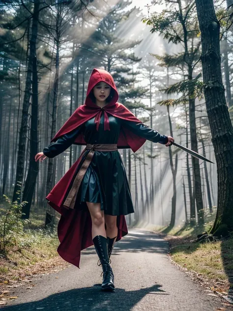 perfect lighting), (masterpiece:1.2), (best quality:1.2), (best aesthetic:1.1), (beautiful art:1.2), (ultra-detailed:1.2), cinematic establishing shot of little red riding hood holding a katana, battle pose, grim expression, ((((action)))), ((movement)), (...