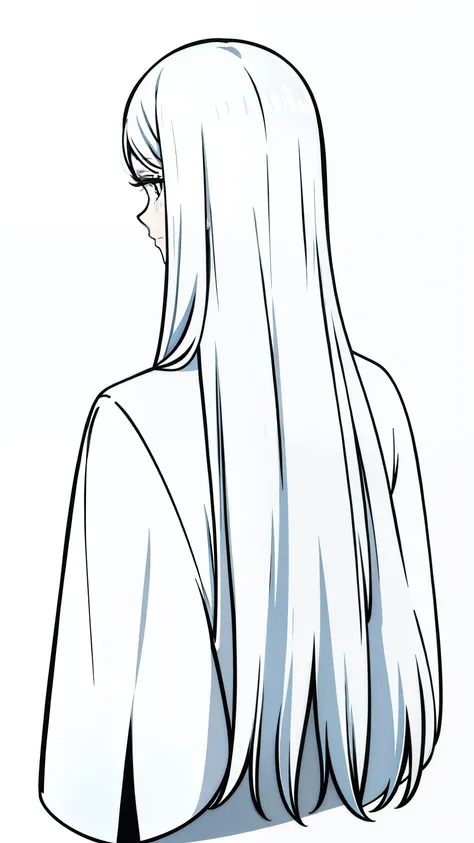 woman,40 years old,solo,long hair,white hair,(white background,line drawing),(back view)