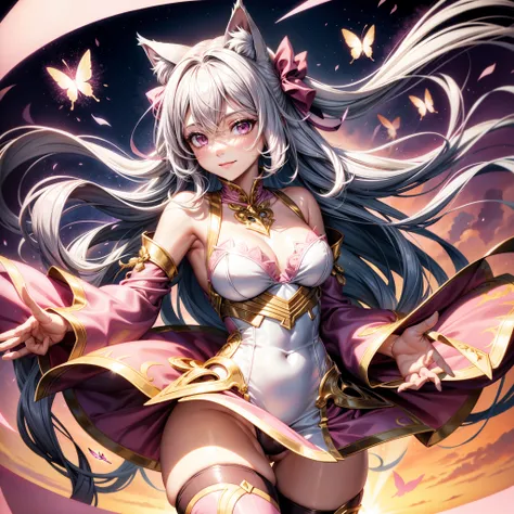 Silver hair, pink eyes, woman, sun and clouds background, pink and gold clothes, hair bows, happy face, queen outfit, sexy, cat ears, floating butterflies, thigh up, thigh high tights