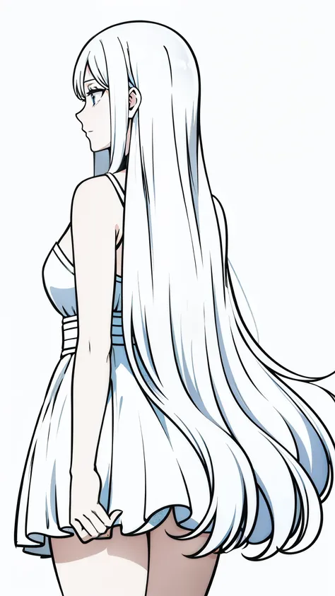 woman,40 years old,solo,long hair,white hair,(white background,line drawing),(back view)