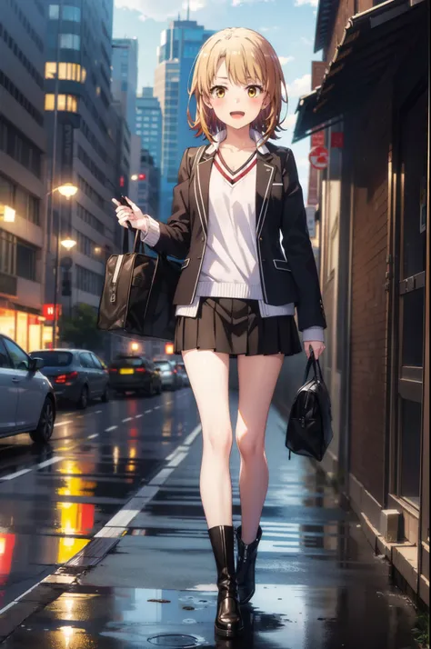 Irohaisshiki, isshiki iroha, short hair, Brown Hair, (Brown eyes:1.5), happy smile, smile, Open your mouth,blush,black rider jacket　Open front,V-neck shirt,mini skirt,Black pantyhose,short boots,Walking,He is holding the grip of a black umbrella in his rig...