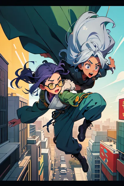 book cover, shibuya top view, two small people are falling awkwardly as if they jumped on their face, a BLACK girl with medium wavy purple hair pulled into blue, She wears a moss green aviator jacket with fur, cargo pants and combat boots and aviator glass...