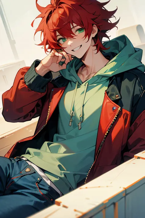 1male,  red hair , messy hair,  Hoodie , blue jeans , jacket, smiling expression , best generation , masterpiece quality , Young male , winter Clothing  , green eyes