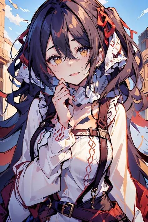 (masterpiece:1.2), (high quality:1.2), hui xiyi, rekkyo sensen, rekkyou sensen, girls with((black hair, bangs, (one side up, long wavy hair, hair ribbon:1.55), hand up, waving is hands, perfect hands, perfect fingers, (exposed breasts, tits cleavage, breas...
