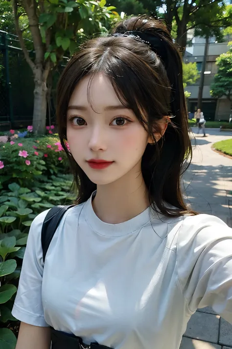 ((best quality)), ((masterpiece)), (detailed), perfect face. asian girl. blank t-shirt. selfie. garden.