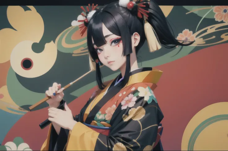  with half-tied black hair, kimono metamorphosis and soul, and one eye black and the other black.