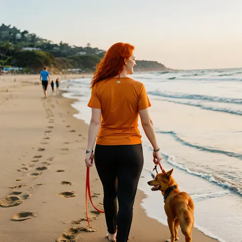 create an image in which there is a beautiful redheaded woman, young, 38 years old, happy, with the posture of a professional dog walker, from the back, wearing an orange shirt, wide black sports pants, walking along the beach with three dogs on a leash.