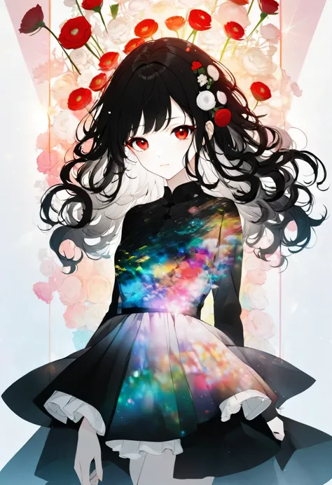 16k, (double exposure:1.05 silhouette: 1.1) (many white Ranunculus asiaticus) (background is exposure:1.1 ParticlesColorfulLight Rays), wearing layered one piece dress, frontale curly hair black hair long hair lovely red eyes girl.