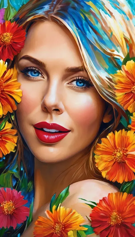 Scarlett Johannsson is a naked woman standing in an open garden with beautiful colorful flowers. She has big beautiful bright blue eyes, light red lipstick, sexy smile, enormous breasts, medium length wavy random color hair. She has amazing skin tone and t...