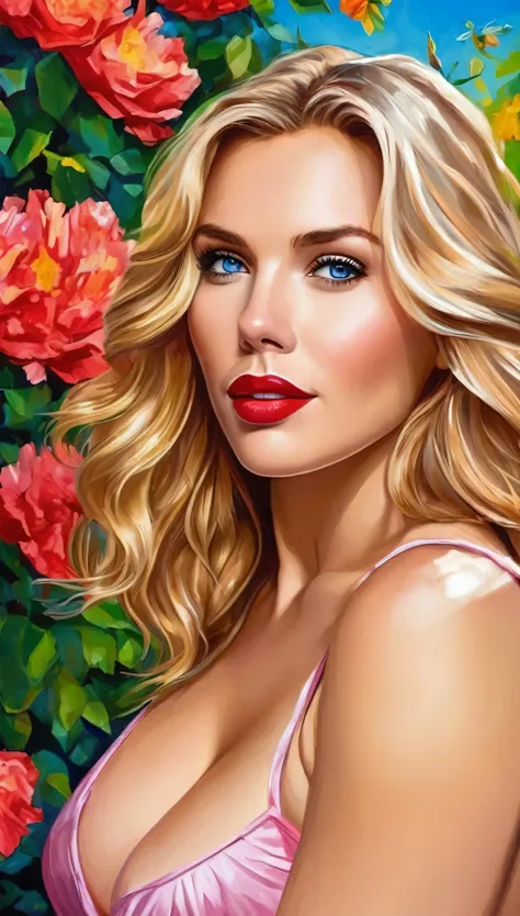 Scarlett Johannsson is a naked woman standing in an open garden with beautiful colorful flowers. She has big beautiful bright blue eyes, light red lipstick, sexy smile, enormous breasts, medium length wavy random color hair. She has amazing skin tone and t...