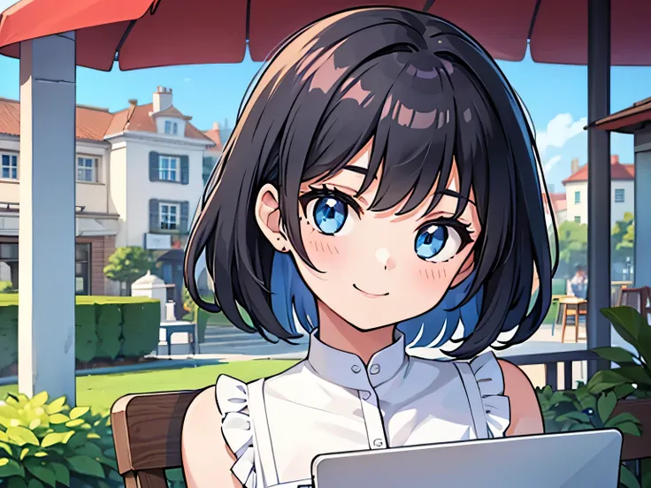 (1girl in),(beautiful blue eyes finely detailed、Face to detail、masterpiece sidelighting、​masterpiece、top-quality、detaileds、High resolution illustration),Woman using laptop on the open terrace of a fashionable café、18year old、OL、Everyday clothes、A smile、fro...