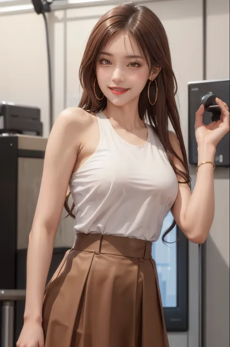 Highest quality, expensive_solve, clear_image, Detailed Background ,girl, RisaHamazak1, Brown Hair, Long Hair, Brown eyes, Hoop Earrings, amount, Large Breasts, Tank top, Sleeveless shirt, Brown Skirt, smile, View your audience, 1人のgirl, alone, 