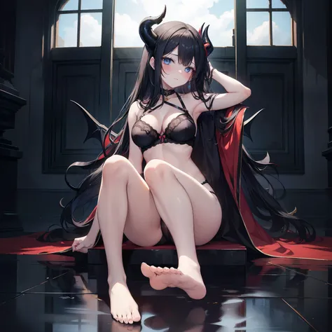 seductive lady with ample bosom and wearing slutty lingerie, nsfw, devil horns, long black hair, blue eyes, sitting on the ground with one bare foot up towards the sky and the other barefoot down
