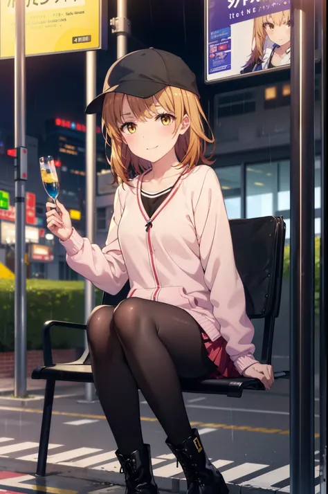 Irohaisshiki, isshiki iroha, Long Hair, Brown Hair, (Brown eyes:1.5), happy smile, smile, Close your mouth,blush,rain,night,Baseball hats,Pink oversized hoodie,V-neck shirt,mini skirt,Black pantyhose,short boots,Sitting on a bus stop bench、,Hidden in a cov...