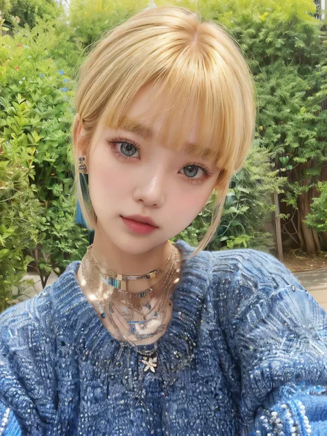 Blonde girl in a blue sweater and colorful necklace posing for a selfie, lalisa manobal, Lalisa Manoban of Blackpink, the hime cut, roseanne park by blackpink, with bangs, with bangs completo, kim doyoung, jinyoung shin, ulzzang, beautiful dolphin, with sh...