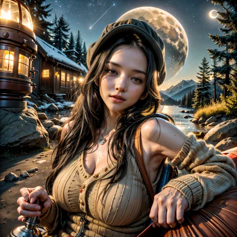 1 woman((upper body selfie, happy)), masterpiece, best quality, ultra-detailed, solo, outdoors, (night), mountains, nature, (stars, moon) cheerful, happy, backpack, sleeping bag, camping stove, water bottle, mountain boots, gloves, sweater, hat, flashlight...