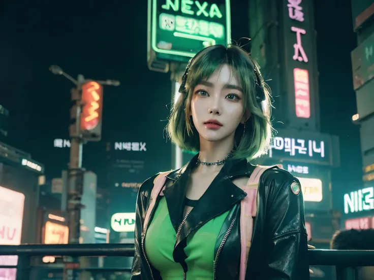 (((cyberpunk world))), (masterpiece, of the highest quality, Best Quality, Official art, Beautiful and aesthetic:1.2), ((fashion photography:1.5)), (1 girl:1.4), Full body, 21 years old, (Korean Fashion Model:1.5), super short cut hair, (green hair:1.4), (...