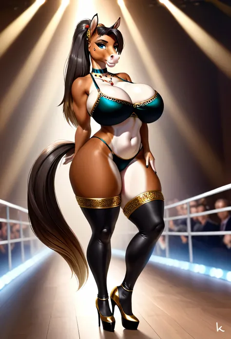 4k, highly detailed, realistic, extremely high quality drawing, masterpiece, keeltheequine style, uploaded on e621, female anthro furry horse, bimbo milf, posing on a catwalk, wearing a sexy belly dancers outfit, with high heels, (beautiful and detailed ey...