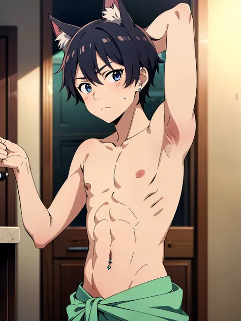 Highres, Masterpiece, Best quality at best,Best Quality,hight quality, hight detailed, Anime style, 1boy, Young boy, Shota, Shirtless, Topless, Dog ear, earring, Navel piercing, Straight hair, Sarong, Seen from the front, look at viewer, (very young boy), ...