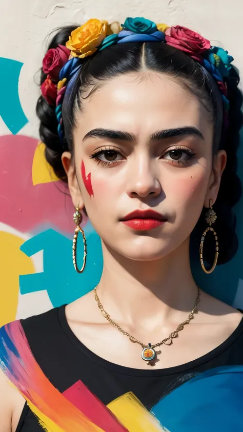 Create a painting of Frida Kahlo, in the contemporary and urban city, in high resolution, for printing, with many different colors and smoky effect around in graffiti style.
