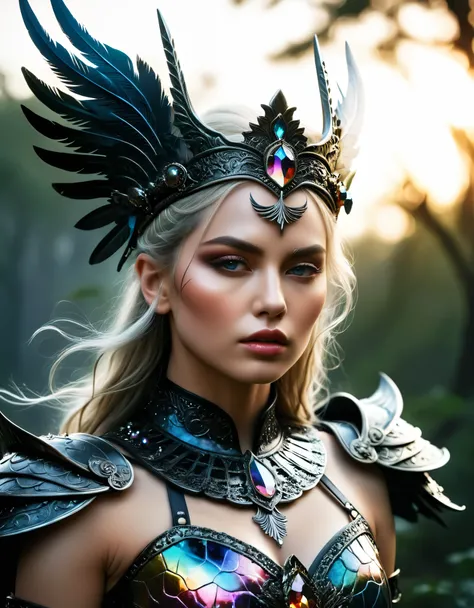 ((Masterpiece in maximum 16K resolution):1.6),((soft_color_photograpy:)1.5), ((Ultra-Detailed):1.4),((Movie-like still images and dynamic angles):1.3) | ((double contact):1.3), ((Fierce Blonde Female warrior queen silhoutte effect):1.2), ((Superimposed on ...