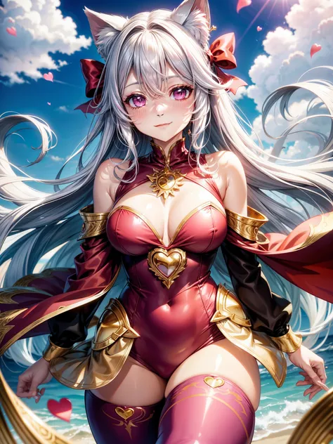 Silver hair, pink eyes, woman, sun and cloud background, red and gold clothes, hair bows, happy face, mermaid outfit, sexy, cat ears, hearts, floating hearts, thigh up, thigh high tights