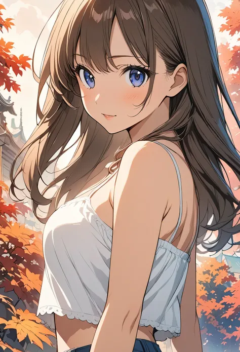female,short camisole,crop shirt,Off shoulders,white,Art, anime,illustration