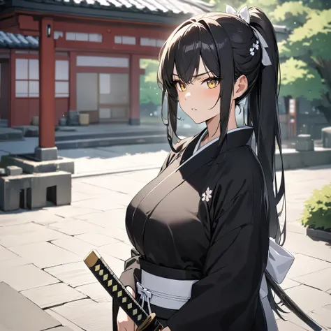 A woman wearing a traditional black kimono with white details, large breasts, black hair, long hair, ponytail hair, white bow in her hair, yellow eyes, serious face, holding a katana with sheath, standing outside a Japanese dojo, tree sakura around, concre...