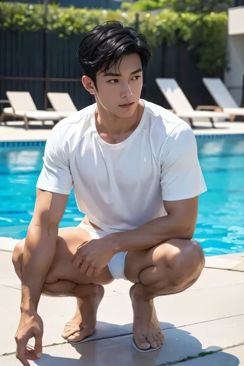 Handsome swimmer　Asian Male Handsome Model 　　adult　Black Hair　short hair　Short cut　Full body portrait　Swimming Pool　Speedo type white swimwear　　　 Full body portrait　　soaked　Speedo type white swimwear　Bulge　Black t-shirt on the upper body　squat