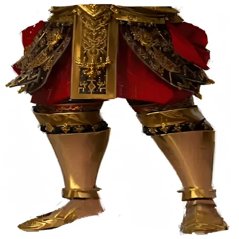 a close up of a person in a costume with a sword, detailed legs, red and gold sumptuous garb, detailed legs towering over you, legs visible, very detailed and rich clothing, wearing gilded red royal robes, wearing gilded red robes, ornamented armor, large ...