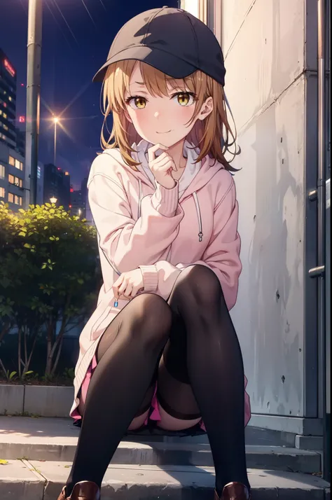 Irohaisshiki, isshiki iroha, Long Hair, Brown Hair, (Brown eyes:1.5), happy smile, smile, Close your mouth,blush,rain,night,Baseball hats,Pink oversized hoodie,mini skirt,Black pantyhose,short boots,Sitting on a bus stop bench、,Hidden in a covered building...