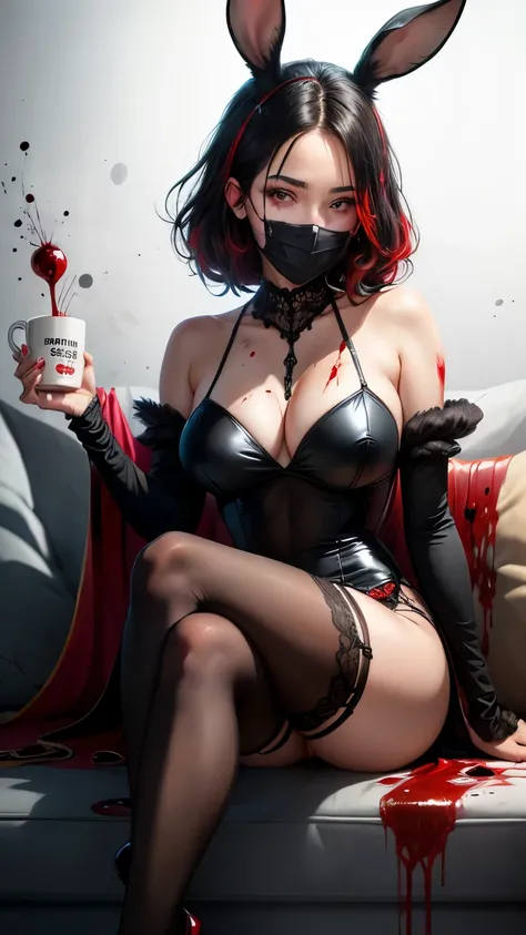 The Last Girl Standing at the End of the World, Vampire Apocalypse, ((black hair, red highlights)), glowing blue eyes, large perfect breasts, high-heels, blood splatter, Model poses, Red and black dress, tights, firmly fixed, (((more blood))), Hot legs, Mi...