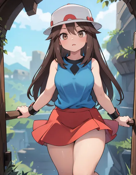 a girl on her knees with her mouth open, 1trainerleaf1, sleeveless shirt, black wristbands, visible thighs,thick thighs,red skirt,blue shirt, brown eyes, white hat, hands on thighs, inside a deep cave, View from above, beautiful and detailed eyes, feminine...