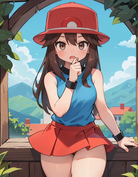 a girl on her knees with her mouth open, 1trainerleaf1, sleeveless shirt, black wristbands, visible thighs,thick thighs,red skirt,blue shirt, brown eyes, white hat, hands on thighs, inside a deep cave, View from above, beautiful and detailed eyes, feminine...