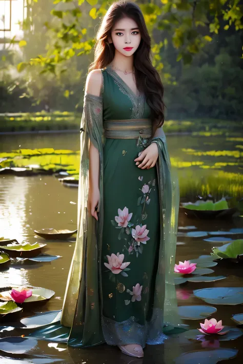  A girl  standing  ponds  taking lotus flower highly detailed human morphology, realistic lighting and HDR 8K high quality high production value wide-angle shot realistic 