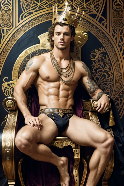 a surreal courtly photography, ultra-detailed, panoramic composition of subject and complete surrounding environment, handsome manly young topless christian hogue sitting on a throne, wears rich silks shorts and decorations, a crown on his head, Gold snake...