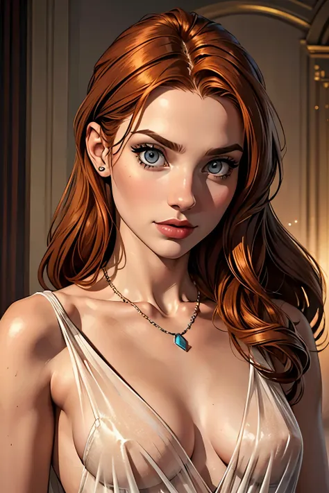 best qualityer, work of art, (realisitic: 1.2), 1 girl, slender girl, ginger hair, eyes browns, 3/4 view, face detailed, gorgeou...