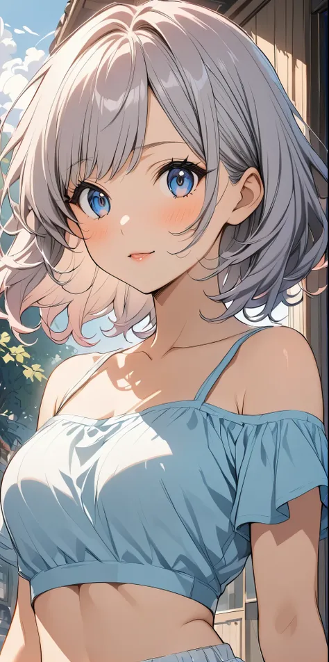 female,silver hair,blue eyes,short camisole,crop shirt,Off shoulders,white,Art, anime,illustration