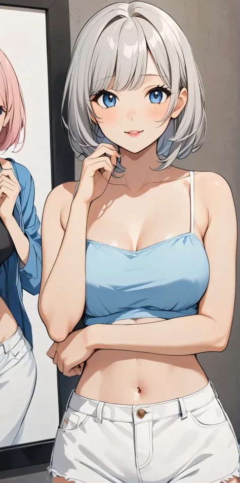  female，silver hair，blue eyes，short camisole，crop shirt，Off shoulders，white，Art， anime，illustration