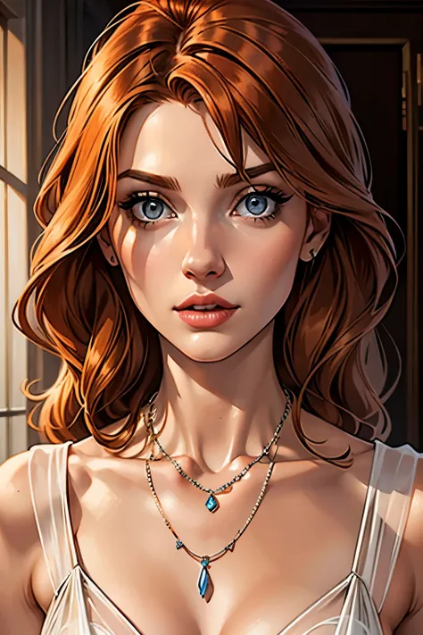 best qualityer, work of art, (realisitic: 1.2), 1 girl, slender girl, ginger hair, eyes browns, 3/4 view, face detailed, gorgeou...