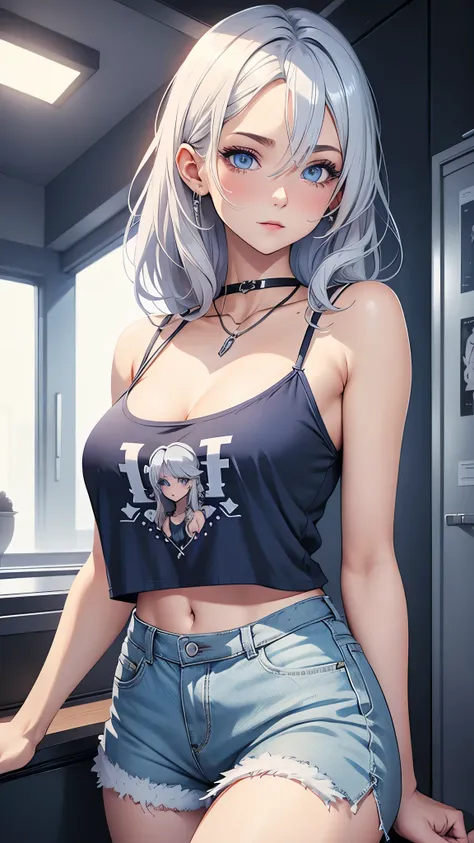 female，silver hair，blue eyes，short camisole，crop shirt，off shoulders，white，art， anime，illustration